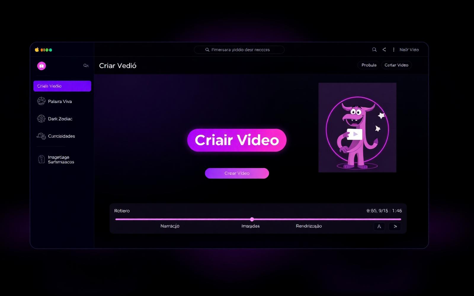 Interface do DarkFactory AI mostrando o painel de criação de vídeo